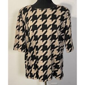 Liz‎ Claiborne Blouse Womens XL Black Tan Houndstooth 3/4 Sleeve Stretch Top